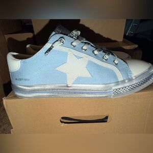 Vintage Havana Blue and White Star Sneakers with Silver accents
